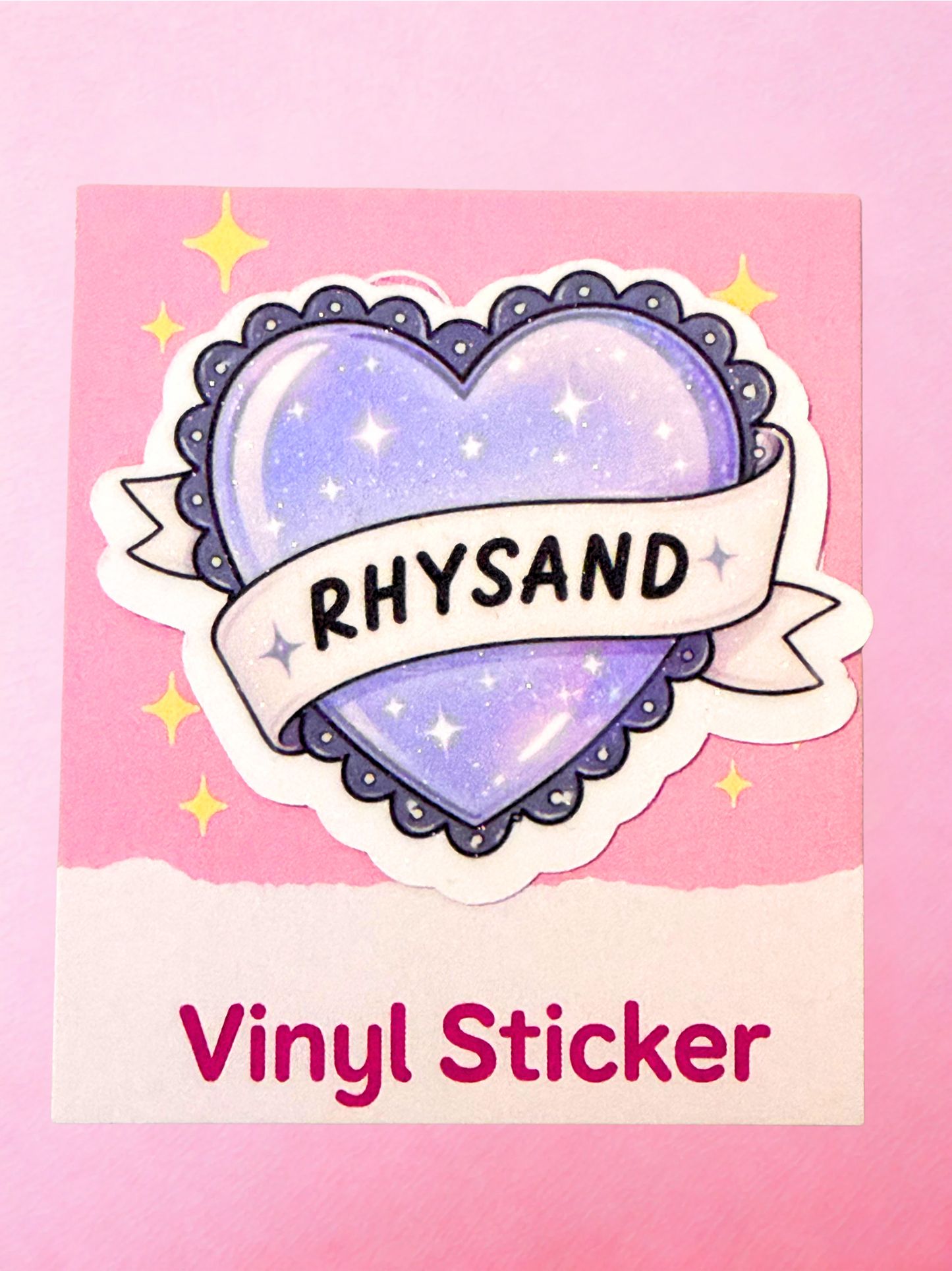 Purple heart shaped fantasy romance vinyl sticker with Rhysand text and sparkly celestial details