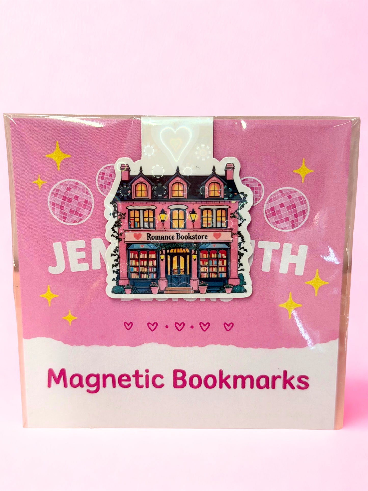 Romance bookstore magnetic bookmark with pink illustrated bookshop design