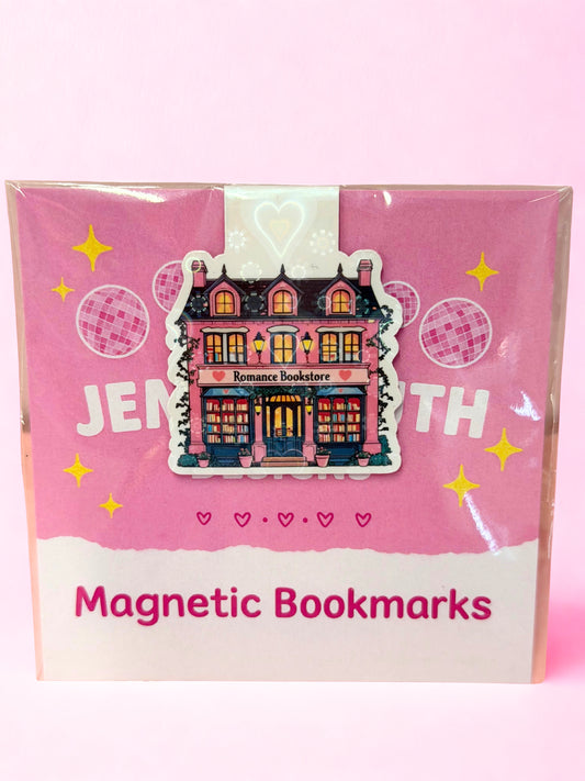 Romance bookstore magnetic bookmark with pink illustrated bookshop design