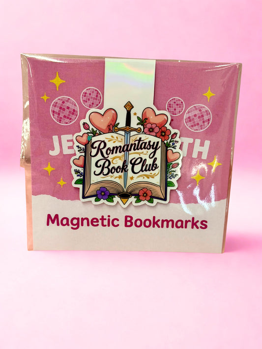 Romantasy book club magnetic bookmark with fantasy romance book and sword design