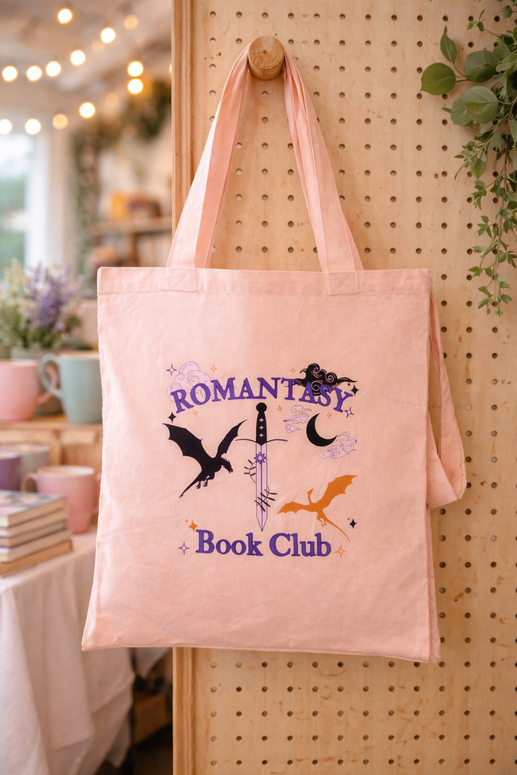 Romantasy Book Club tote bag with dragons, sword and moon design for fantasy readers