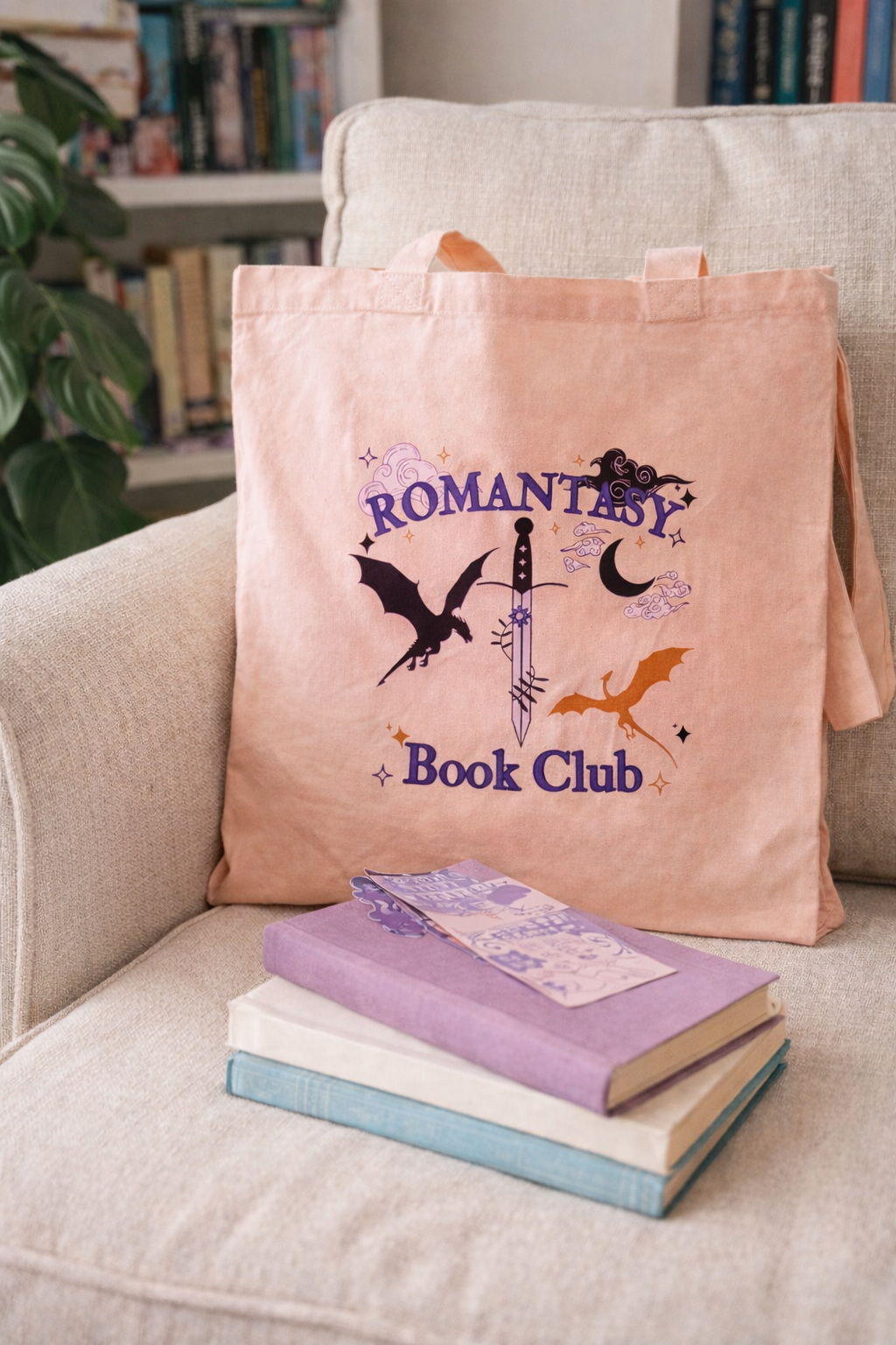 Romantasy Book Club tote bag with dragons, sword and moon design for fantasy readers