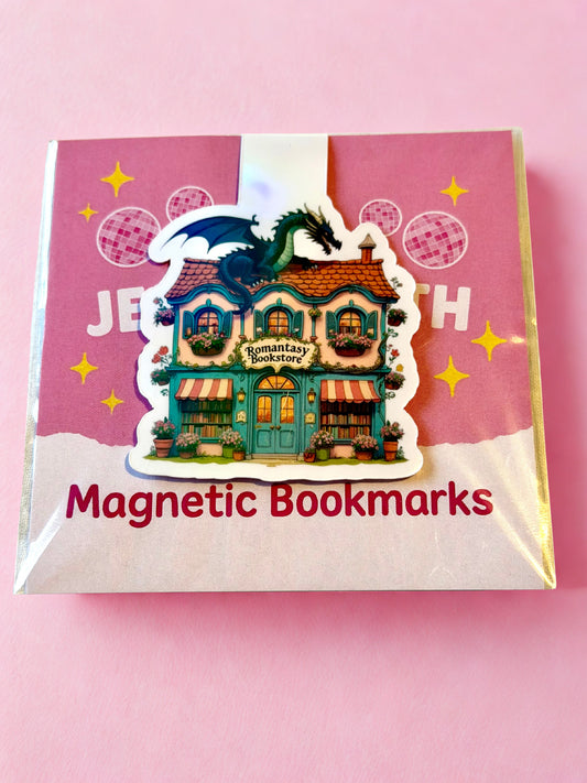 Romantasy bookstore magnetic bookmark with dragon fantasy bookshop design