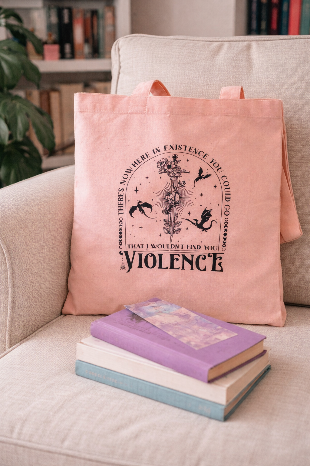 Fantasy book lover tote bag with dragon design for romantasy readers
