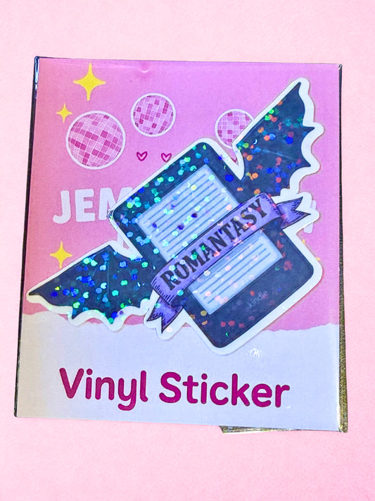 Romantasy e-reader vinyl sticker with black glitter wings and holographic laminate finish.