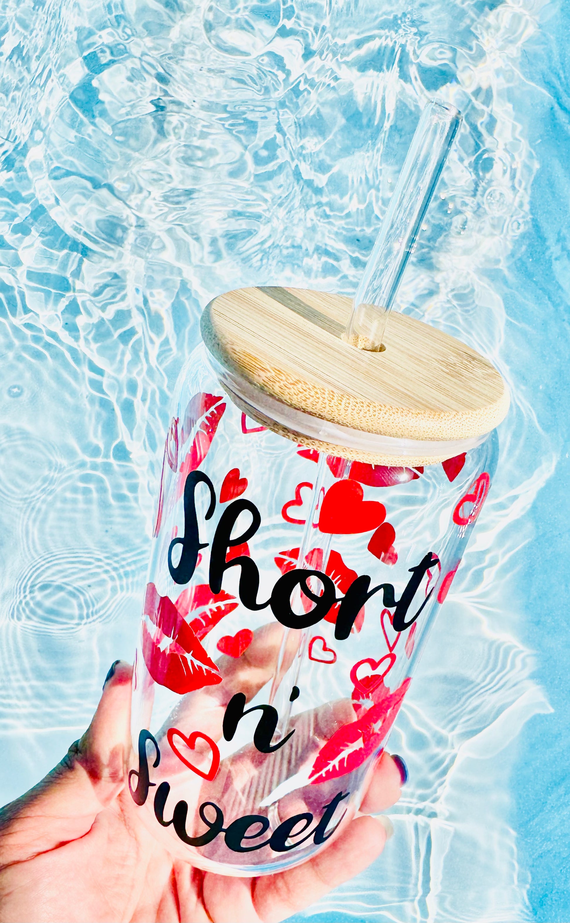 Short and Sweet glass cup with black text, red lips, and heart design – reusable tumbler with bamboo lid and straw
