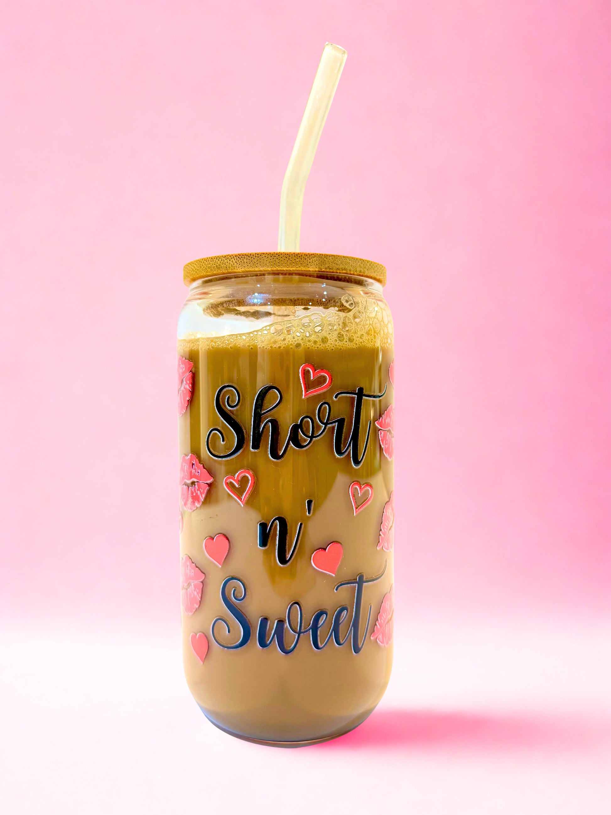 Short n Sweet 16oz glass can cup with bamboo lid and glass straw