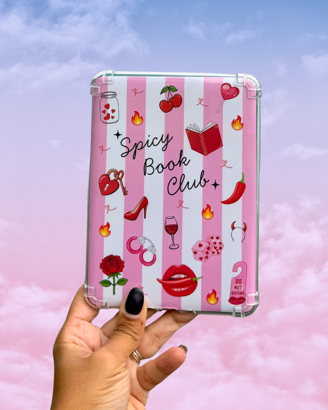 Spicy Book Club pink striped Kindle insert featuring romance-themed illustrations, including hearts, books, cherries, handcuffs and red lips.