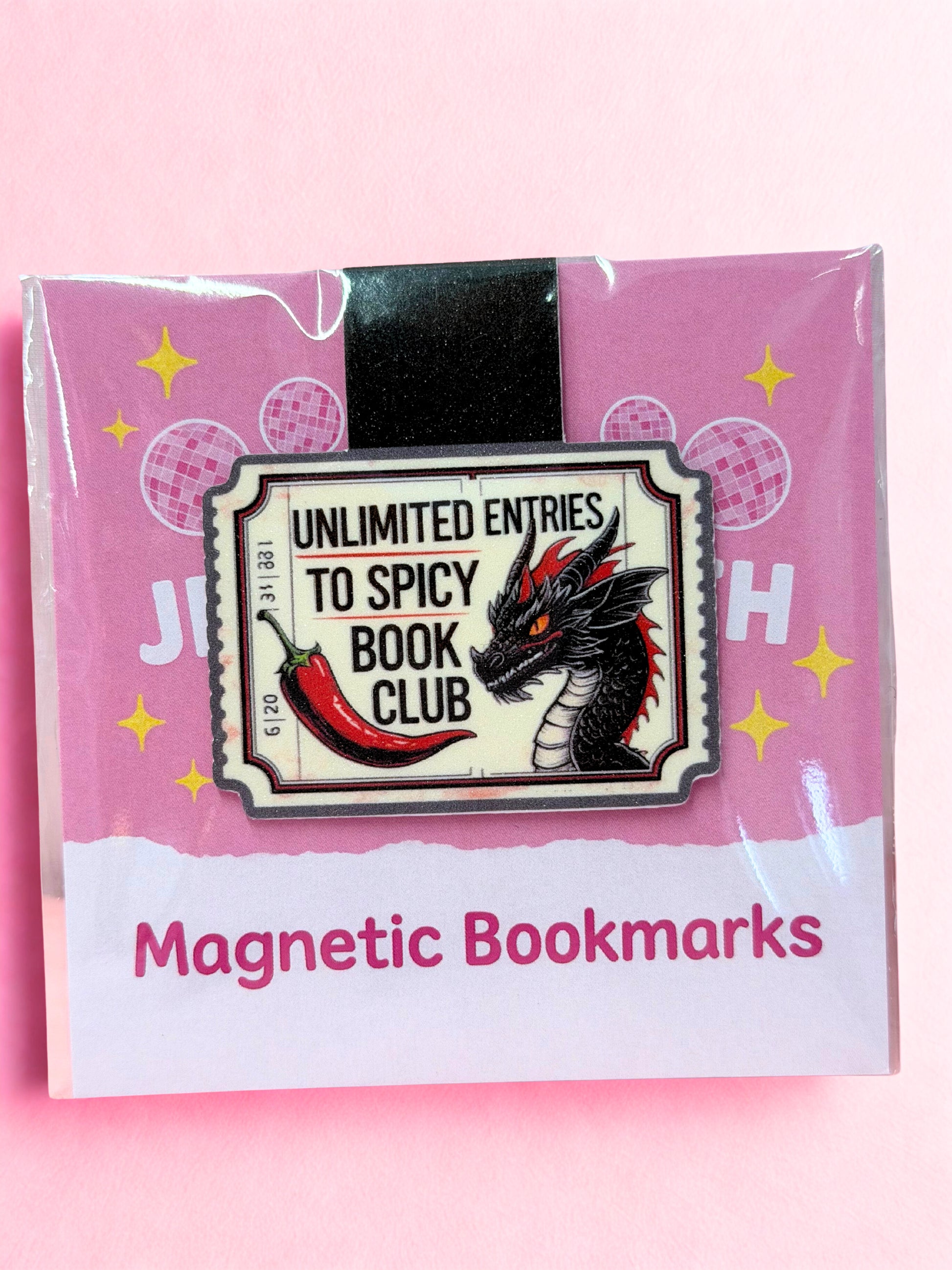 Spicy book club magnetic bookmark with dragon and chilli design on pink background