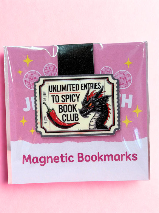 Spicy book club magnetic bookmark with dragon and chilli design on pink background