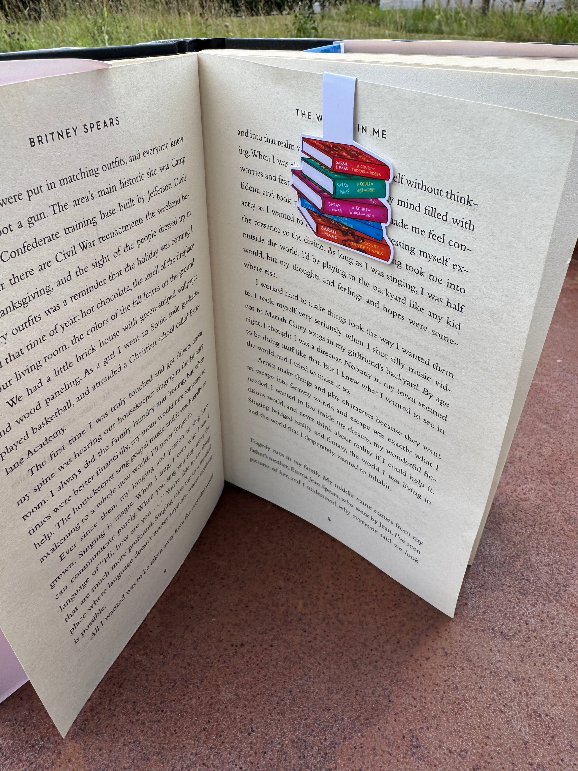 Angled view of ACOTAR magnetic bookmark showing a stacked book design from the A Court of Thorns and Roses series.