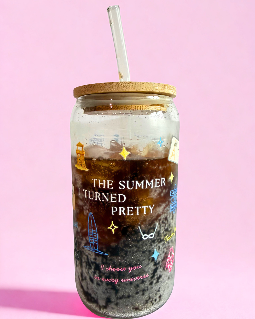 Book-inspired glass can cup featuring Team Conrad, Team Jeremiah, Cousins and summer romance illustrations