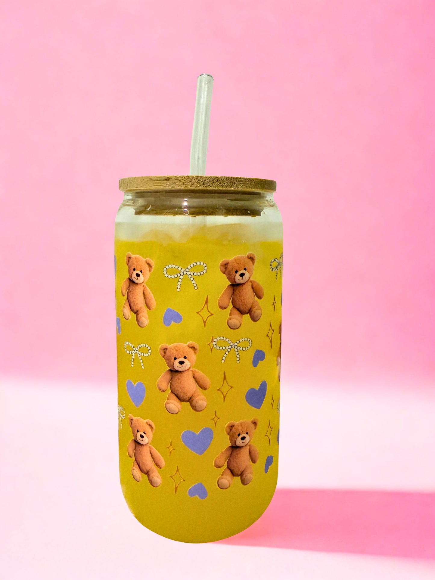 16oz teddy bear glass can cup with bamboo lid and glass straw on pink background