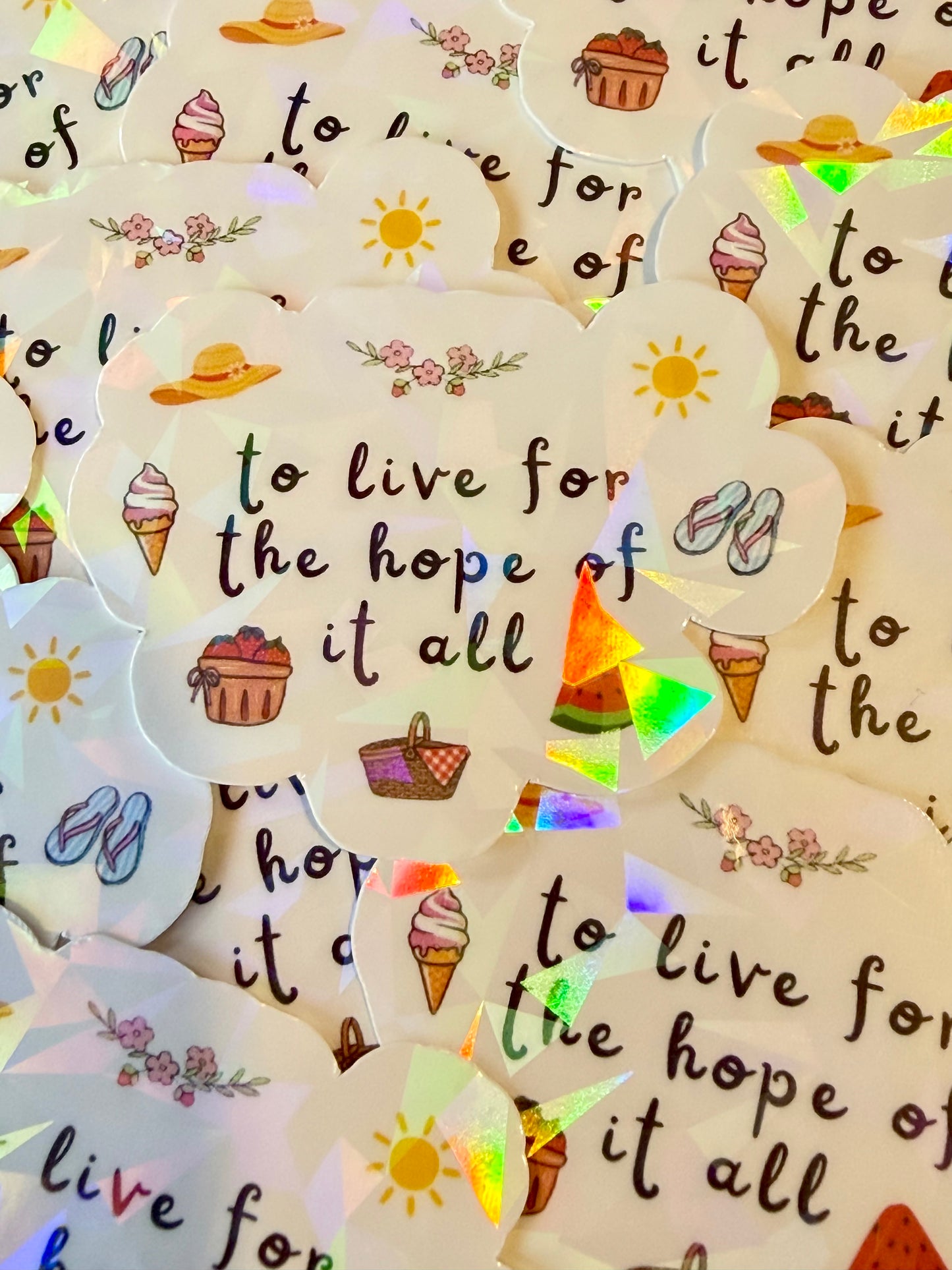 Stickers with motivational phrases and illustrations on a light background