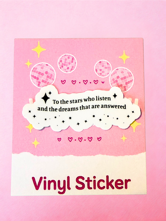 White cloud shaped fantasy quote vinyl sticker with black stars and celestial details