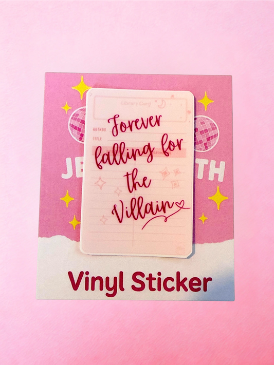 Pink villain lover vinyl sticker with library card design for romantasy readers and book lovers