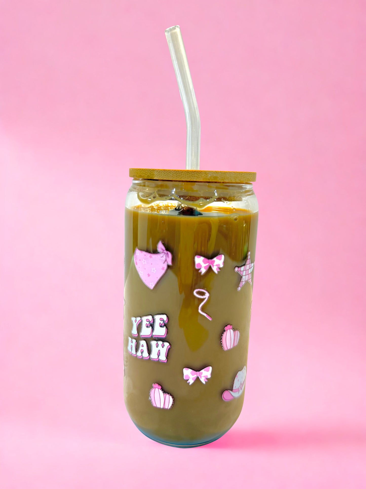 Yee Haw 16oz glass can cup with bamboo lid and glass straw