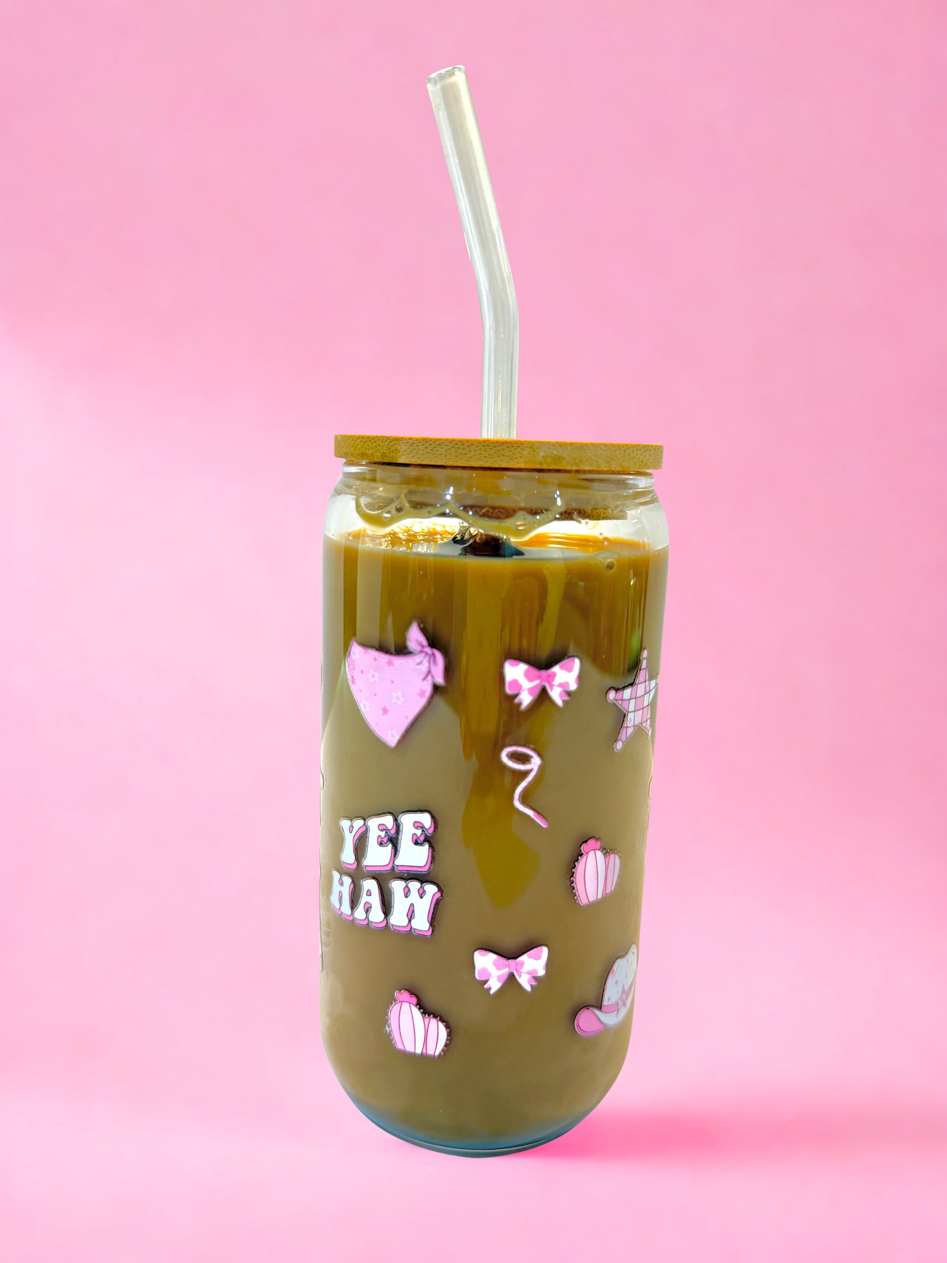 Yee Haw 16oz glass can cup with bamboo lid and glass straw