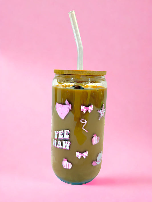 Yee Haw 16oz glass can cup with bamboo lid and glass straw