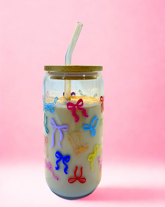 Colourful Bows 16oz glass can cup with multicoloured bow design, bamboo lid and reusable glass straw