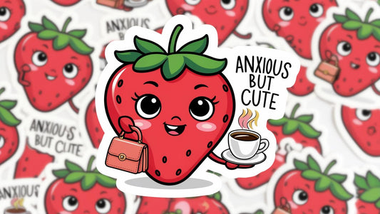Anxious but Cute Vinyl Sticker – Strawberry with Handbag & Coffee Design