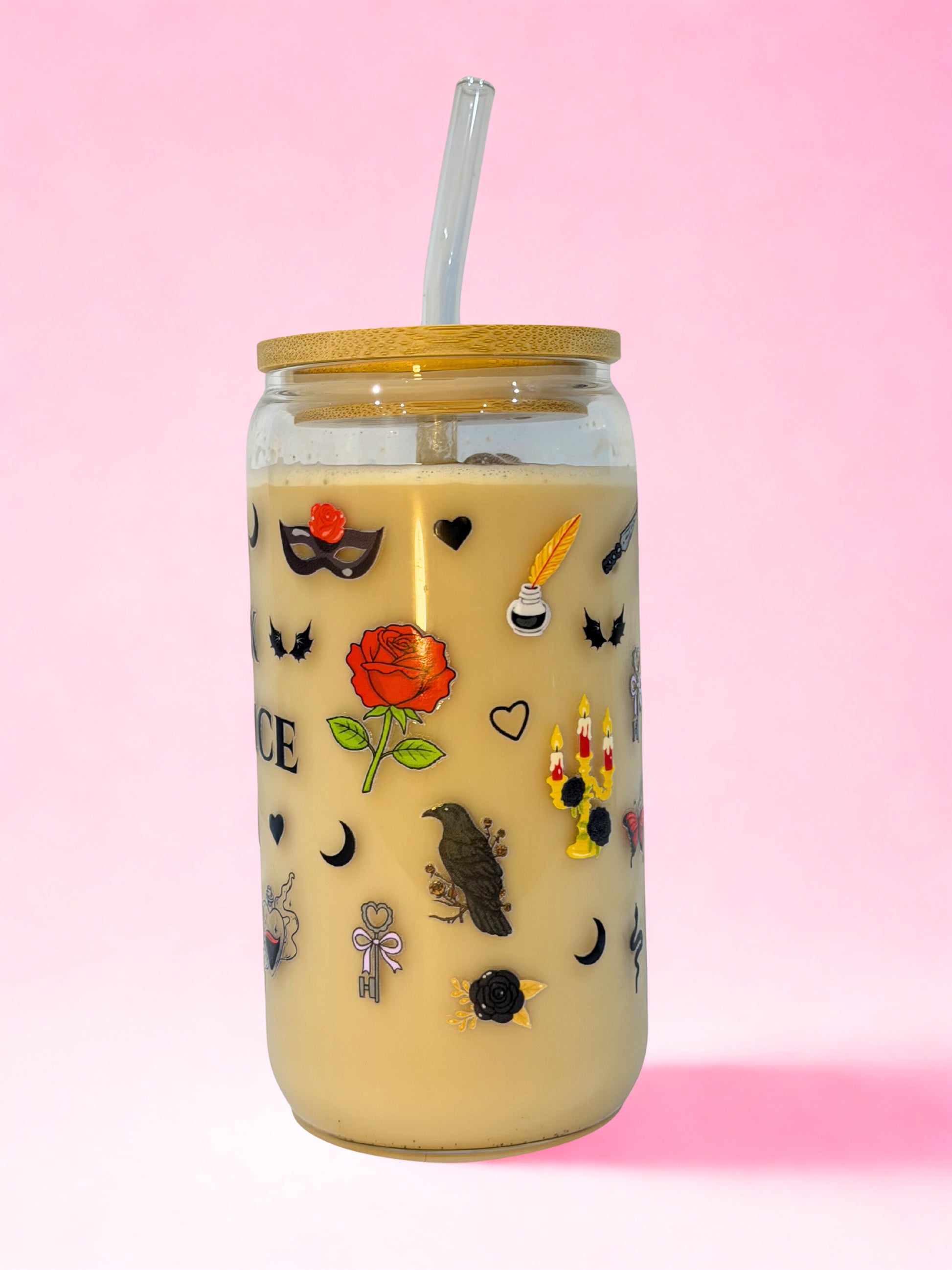 Dark Romance Era bookish glass can cup with gothic aesthetic design perfect for readers and book lovers