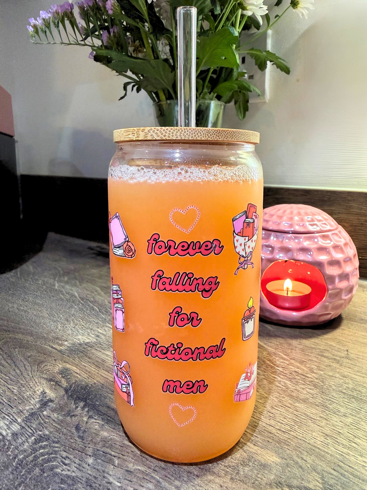 Forever Falling for Fictional Men – 16oz Glass Can Cup