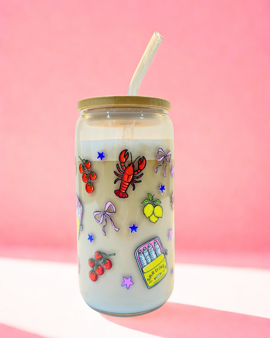 Italian Summer 16oz glass can cup with colourful lobster, lemons, tomatoes, sardines and bow design, bamboo lid and glass straw