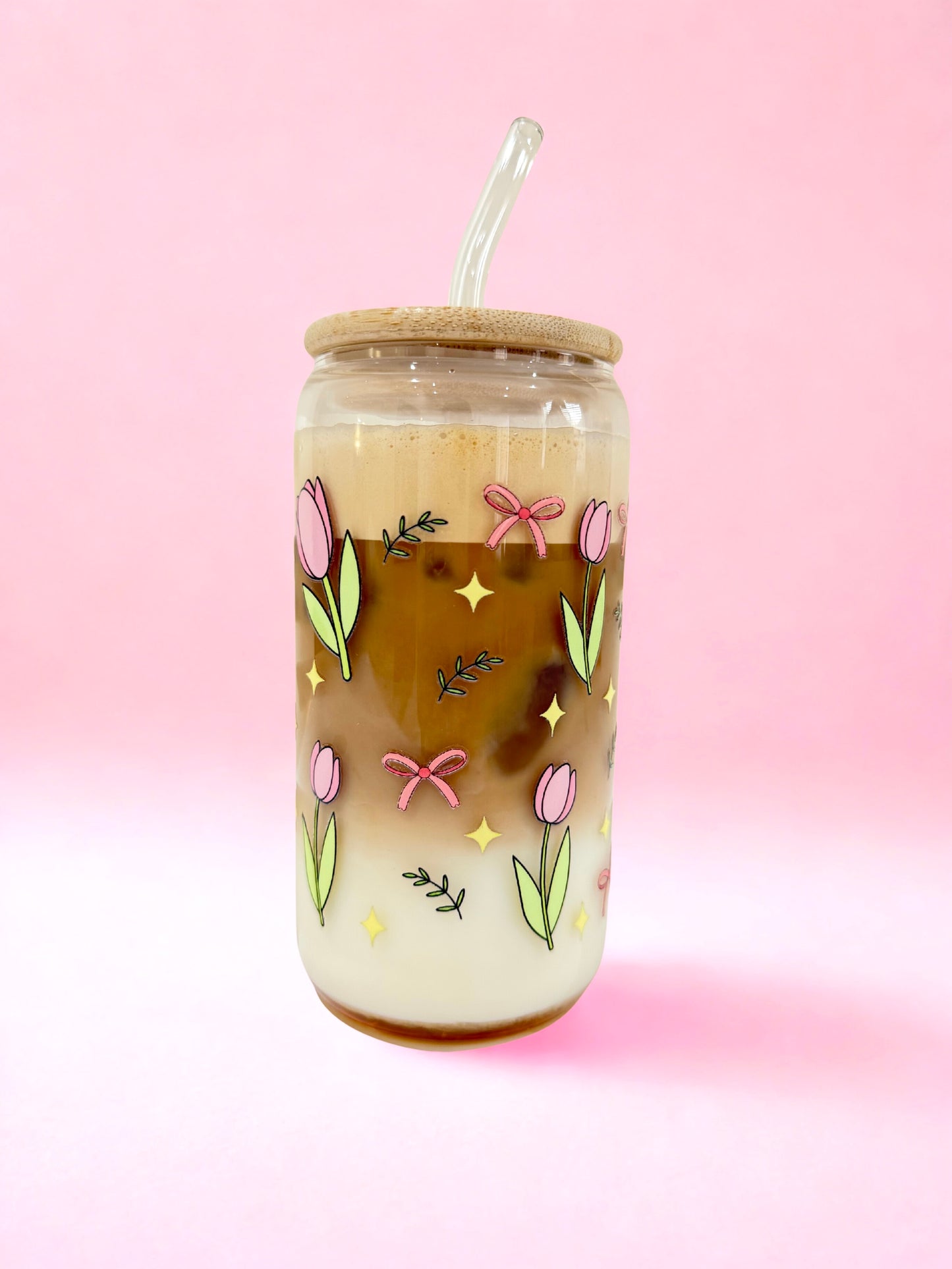 Pink tulip aesthetic glass can cup with bamboo lid and glass straw
