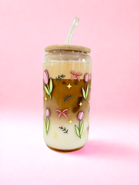 Pink tulip aesthetic glass can cup with bamboo lid and glass straw