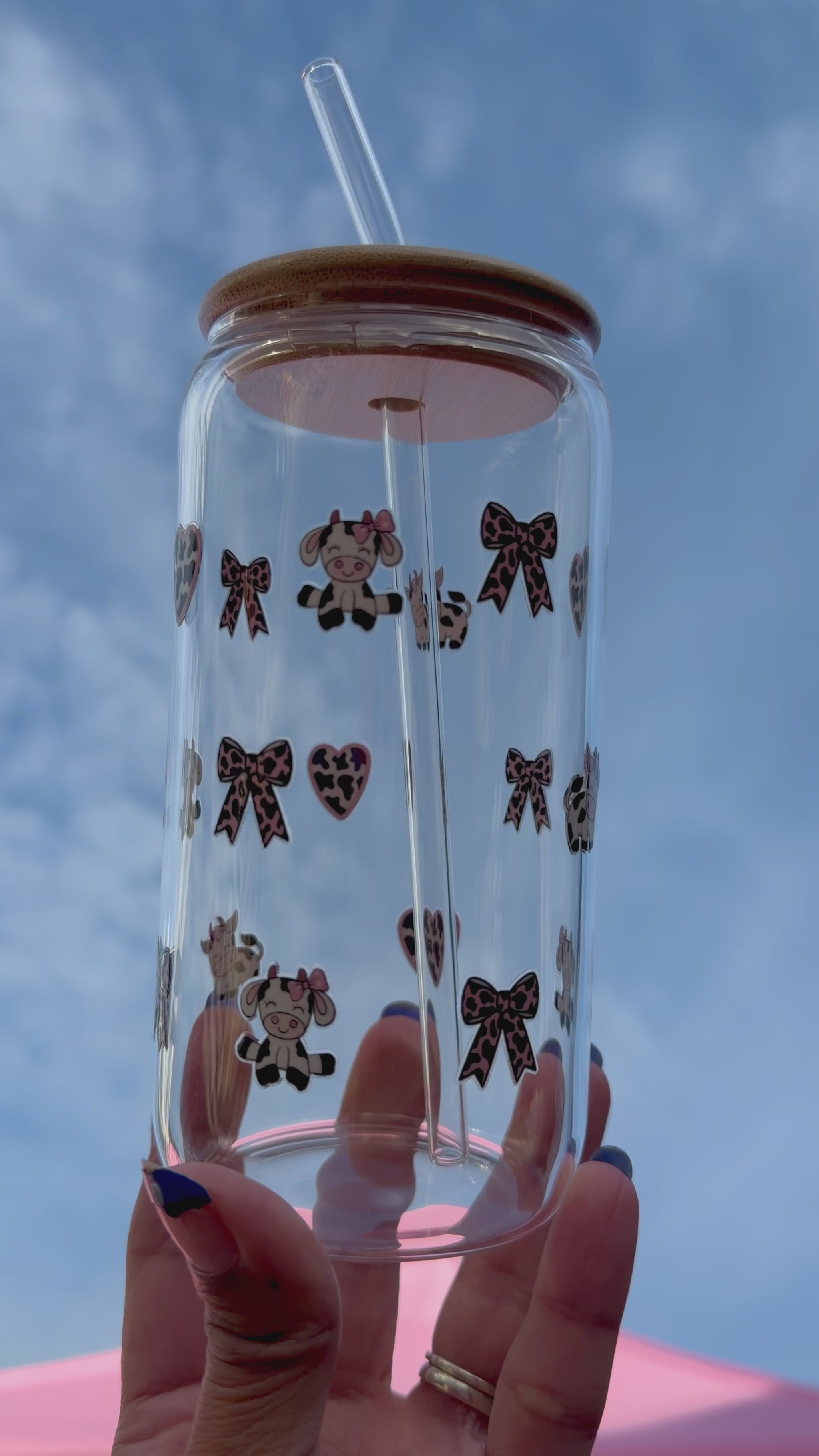 Glass can cup with cows and bows
